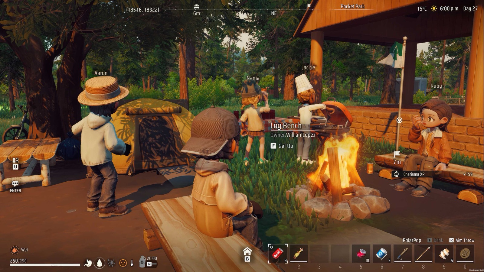 A Zeverland camp at golden hour: player survivors and named NPCs gathered around a campfire by a log bench.