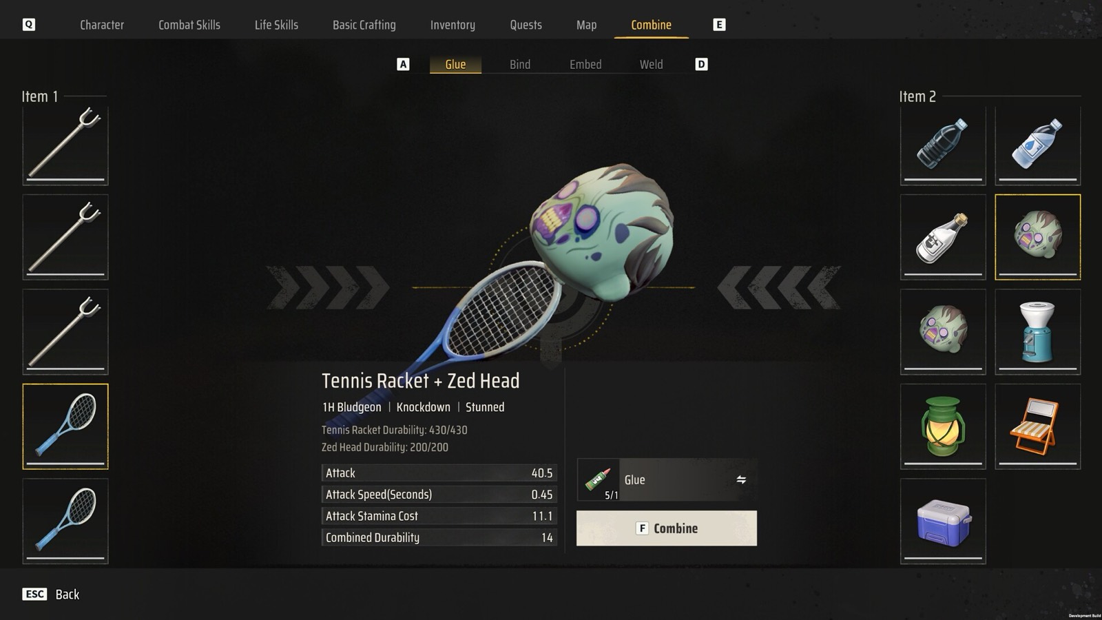 The Zeverland combine bench combining a tennis racket with a zed head, showing glue mode and the resulting weapon stats.