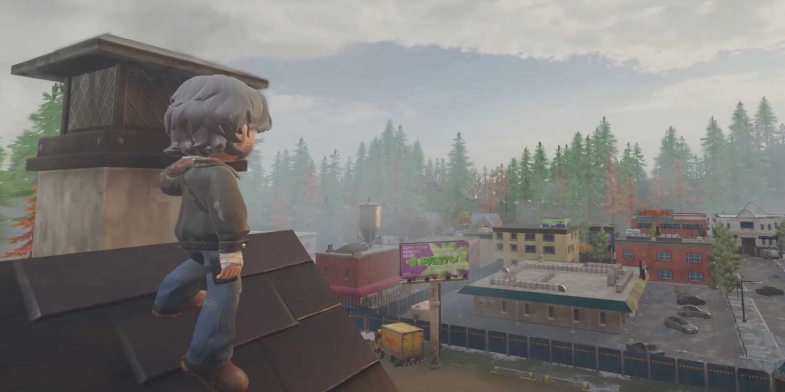A player character overlooking a foggy, abandoned town in Zeverland from a rooftop.