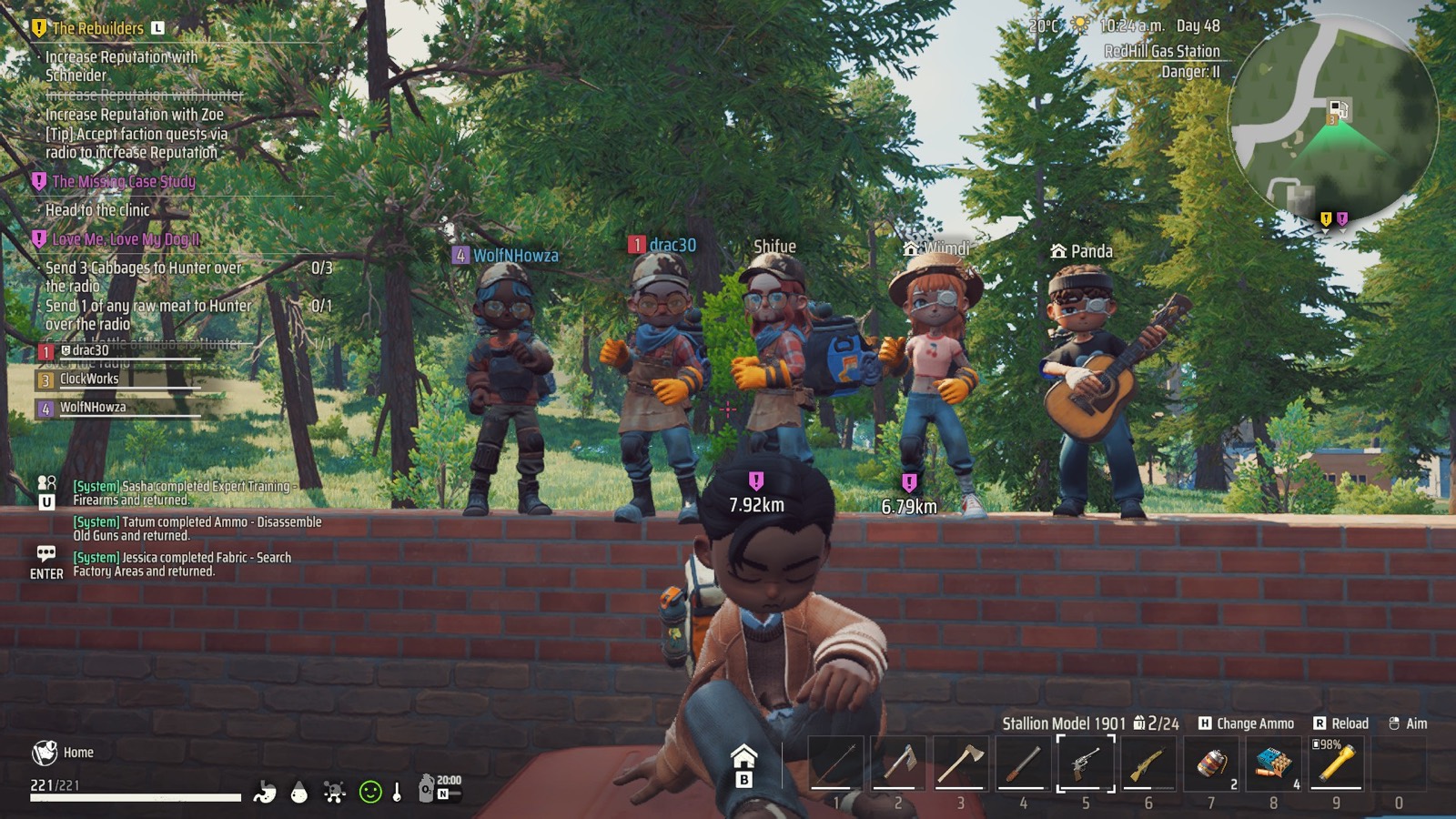 Five named players standing together on a brick wall in Zeverland, with quests and party UI visible.