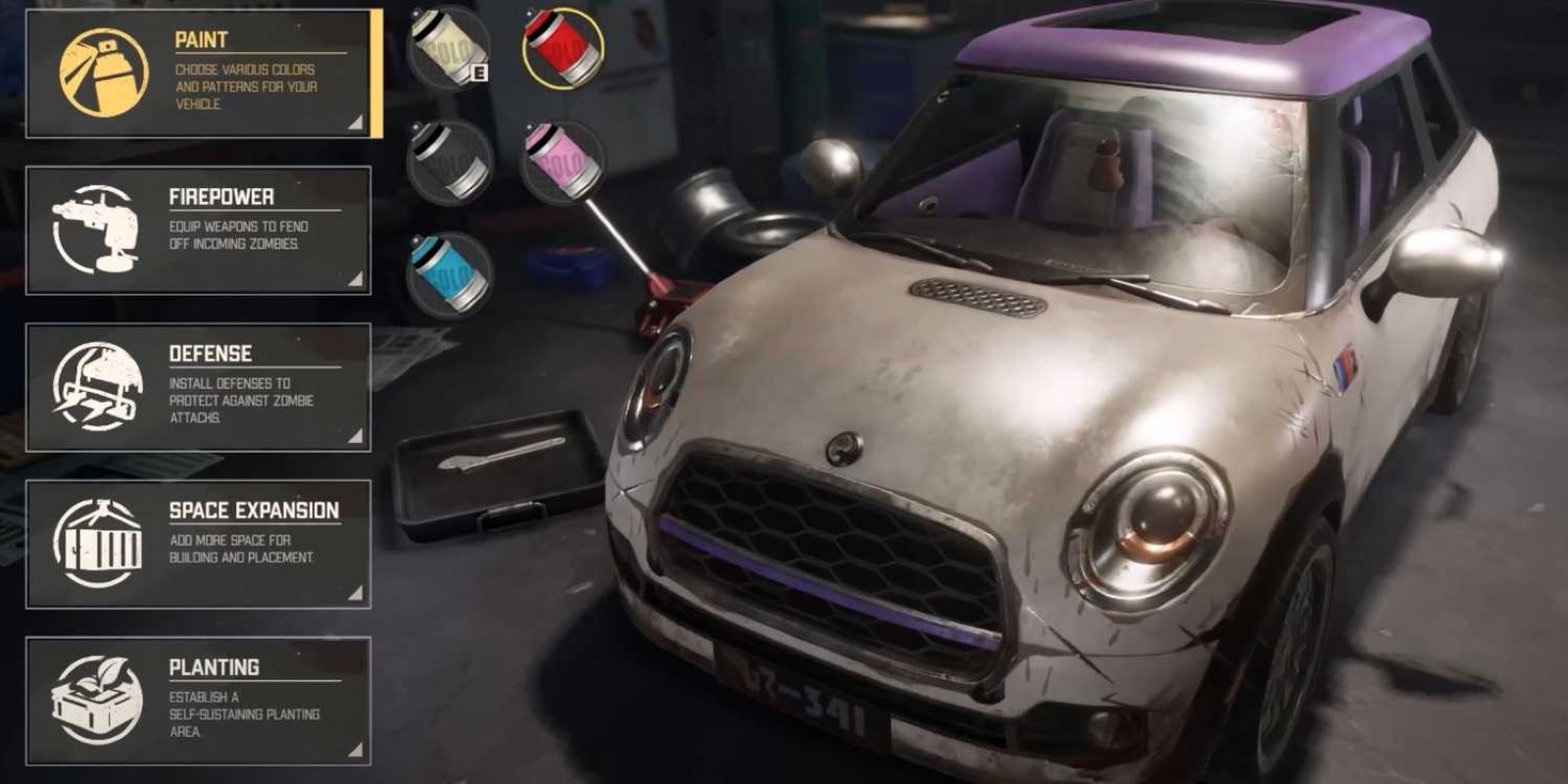 Zeverland vehicle customization menu with paint, firepower, defense, space expansion and planting options beside a small car.